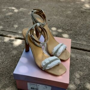 Stylish Tan and Silver Heels with Ankle Strap